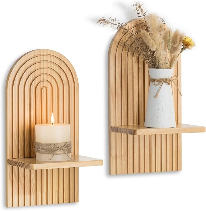 Boho Wall Decor Set of Two: Wood Wall Candle Holder | 3D Arch Design, Natural Minimalist Candle Sconces for Pillar or Plants, for Living Room, Bathroom, Nursery, Bedroom