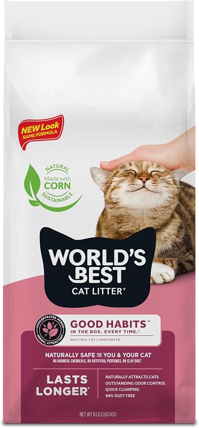 World's Best Cat Litter, Good Habits Cat Attract Litter, Unscented, 8 lb | Attracts cats and kittens with plant-based attractant; natural corn litter, quick clumping, flushable, 99% dust free formula