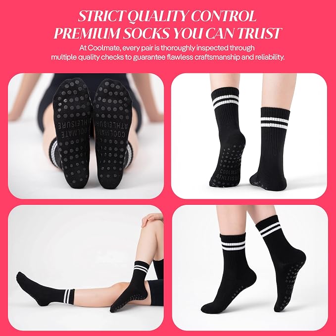 COOLMATE Pilates Socks with Grips for Women, Yoga Socks, Crew Non Slip Women for Barre, Pilates Gifts for Women