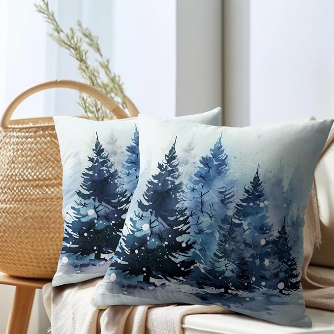 Kawani Winter Blue Forest Pillow Covers 16x16 Inches, Set of 2 Snowflakes Pine Trees Xmas Decorative Cotton Linen Cushion Case Pillowcase for Couch Sofa Bed Living Room Home Decor