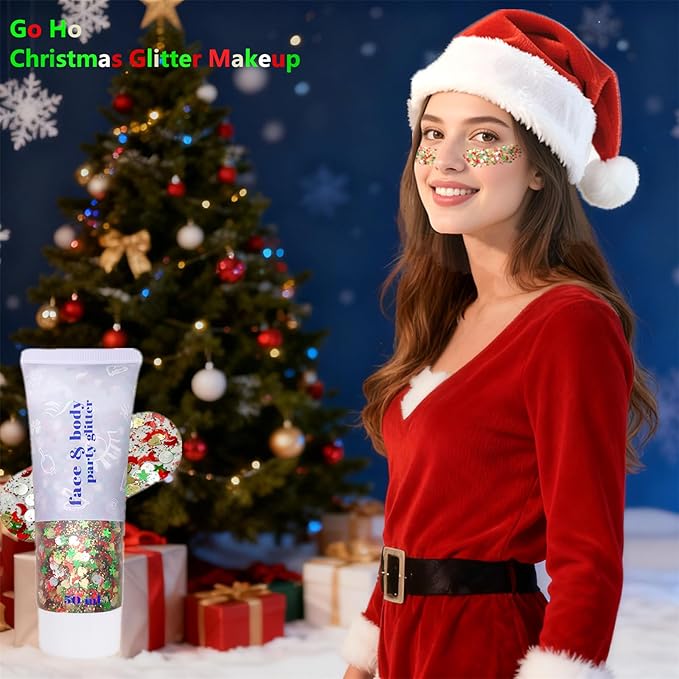 Go Ho Christmas Body Hair Face Glitter Gel,Christmas Glitters Face Paint,Holographic Colorful Sequins Chunky Reflective Face Glitter Makeup,Festival Rave Outfits for Women