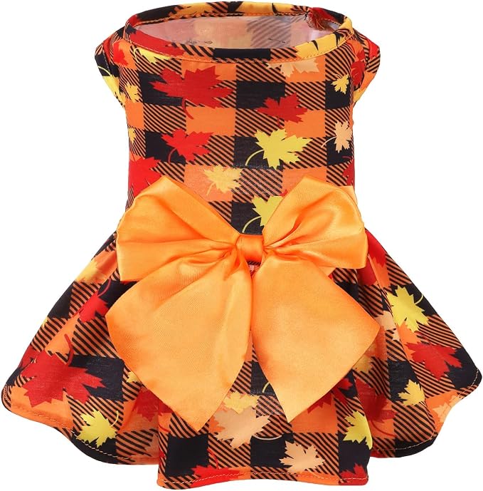 PUPTECK Plaid Dog Dress with Bow Puppy Clothes for Autumn Maple Leaf L | Puppy Doggie Pet Clothes Outfits Apparel Costume for Wedding Anniversary Holiday Photoshoot for Small Medium Large Dogs Girl