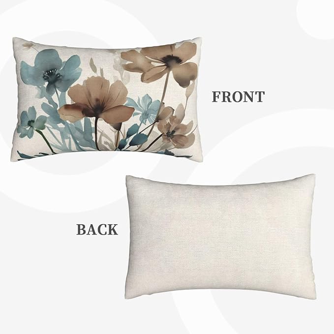 Spring Floral Pillow Covers 12x20 Inches Set of 2 Blue Brown Floral Throw Pillow Covers Outdoor Rustic Summer Flower Decor Pillowcase Farmhouse Decorative Lumbar Cushion Cover for Sofa Couch