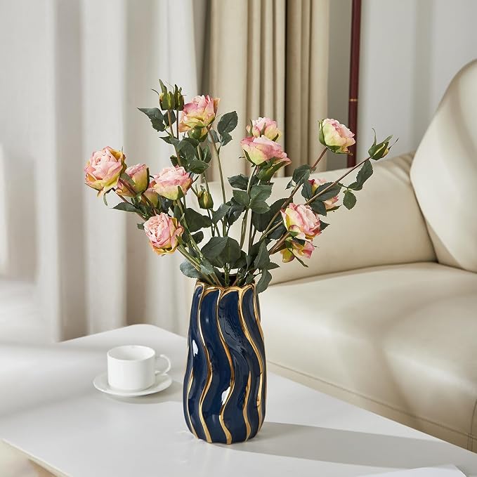 Ceramic Vase for Home Decor,Decorative Flower Vase, Vertical Stripe Ceramic Vases for Home Décor, Bedroom, Office, Living Room, Bathroom, Tabletop Decor, Centerpiece Table Decorations (Blue)
