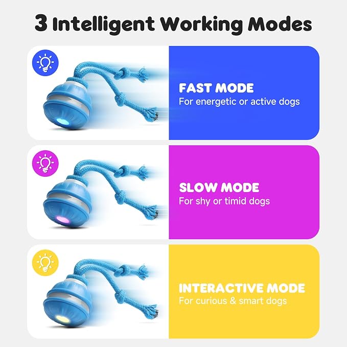 Interactive Small Dog Toys Ball, Smart Automatic Moving Rolling Dogs Toy | Interactive Dog Ball for Small & Medium Dogs, 3 Modes with Bird Chirps&RGB Lights, Bite-Resistant Rope, IP54 Waterproof(Blue)