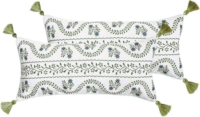 Designer Linen Throw Pillow Cover,Set of 2,28"x12"-Mosella D | Vintage Elegant Rectangle Decor Pillow Cover,Concealed Zipper Design,Floral Pattern,Sofa,Bedroom,Living Room,Lounge Chairs