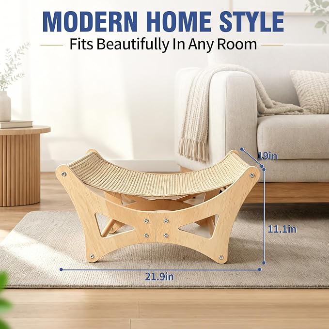 Cat Hammock Bed for Large Cats, Elevated Wooden Bed with Natural Sisal Scratching Mat, Cozy Lounge with Soft Cushion, Supports Up to 40 LBS, Modern Indoor Furniture