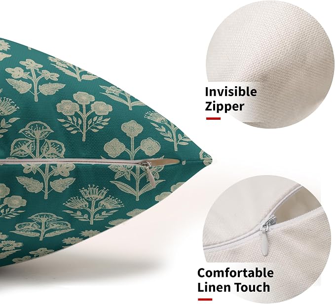 Teal Pillow Covers 12x20 Inch Set of 2, Cream Floral Block Print Pattern Lumbar Decorative Throw Pillowcases Outdoor Farmhouse Rectangle Cushion Covers Spring Summer Sofa Couch Bed Decor