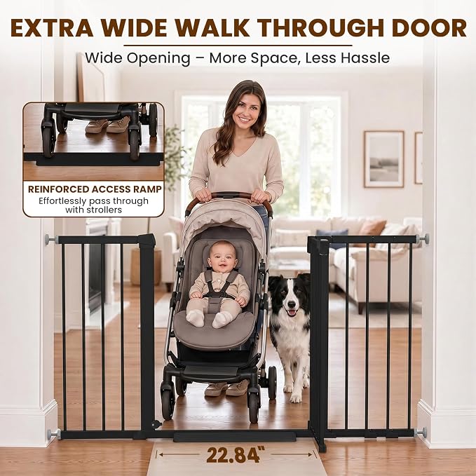 Mumeasy 29.7-54.2" Baby Gate for Stairs, Pressure Mounted Dog Gate for Doorways, Extra Wide Walk Thru Safety Pet Gate for Doors with Auto Close, Easy Install Child Gate for Hallway Indoor House, Black