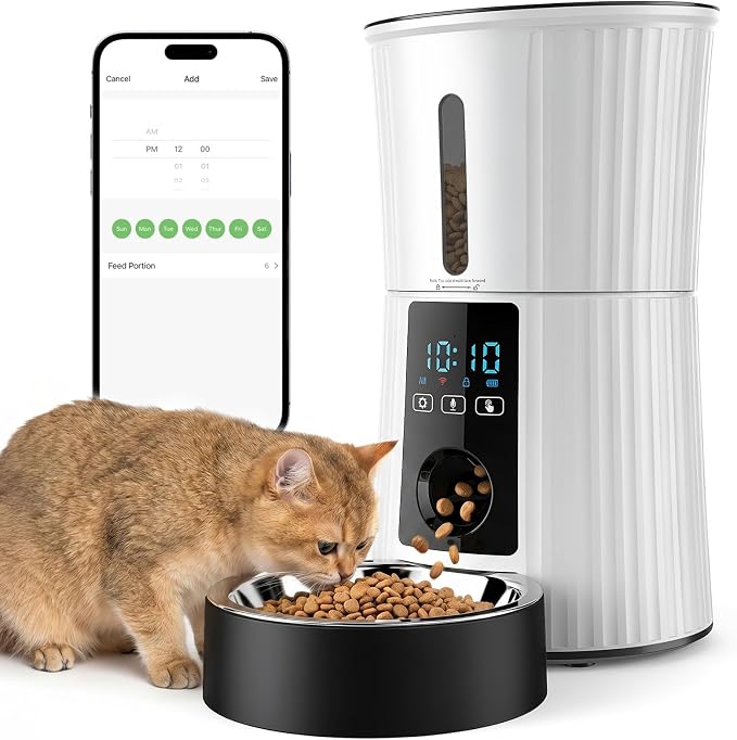 NEWBULIG 4L Automatic Cat Feeder with APP, 2.4G WiFi Pet Feeders, White | Applicable for Dry Food, 19.5 Cups, Programmable Schedule, 10 Meals/Day, 50 Portions/Meal, 10s Voice Recorder, Dual Power