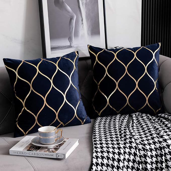 Gold Velvet Euro Sham Pillow Covers Navy: 2 Pack 26x26 Inch Square Decorative Pillow Cases for Bedroom Sofa Couch Living Room