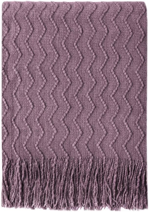 BOURINA Dark Lavender Throw Blanket 50x60 Inch Knit Soft Throw Sofa Blanket | Knitted Throw Blanket 50x60 Inches, Soft Lightweight Boho Weave Throw Decorative Couch Blanket for Living Room Bedroom Chair