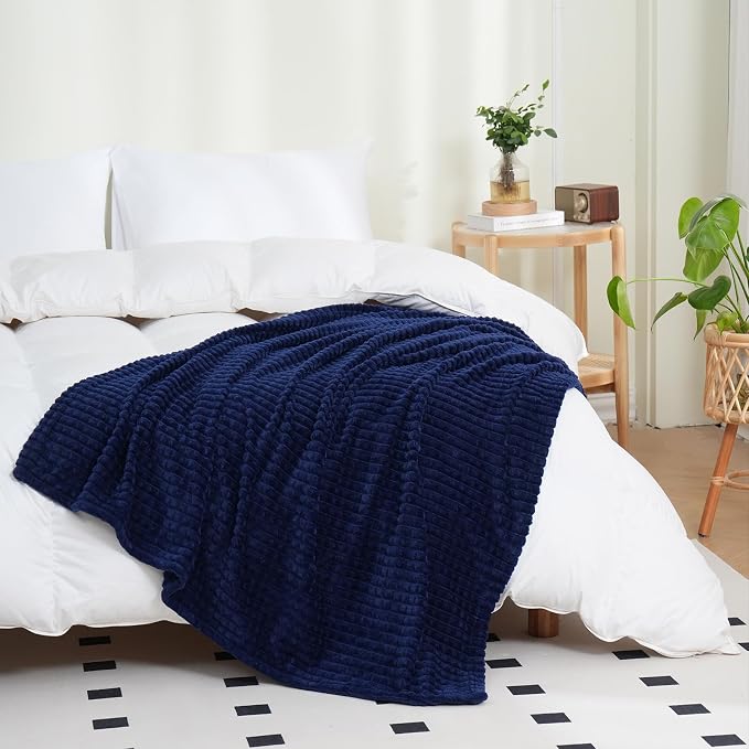 Puncuntex Fleece Throw Blanket Navy Blue 50"×60" with Square Grid Design | Super Soft Plush Cozy Flannel Throw Blanket Luxury for Couch Sofa Chair