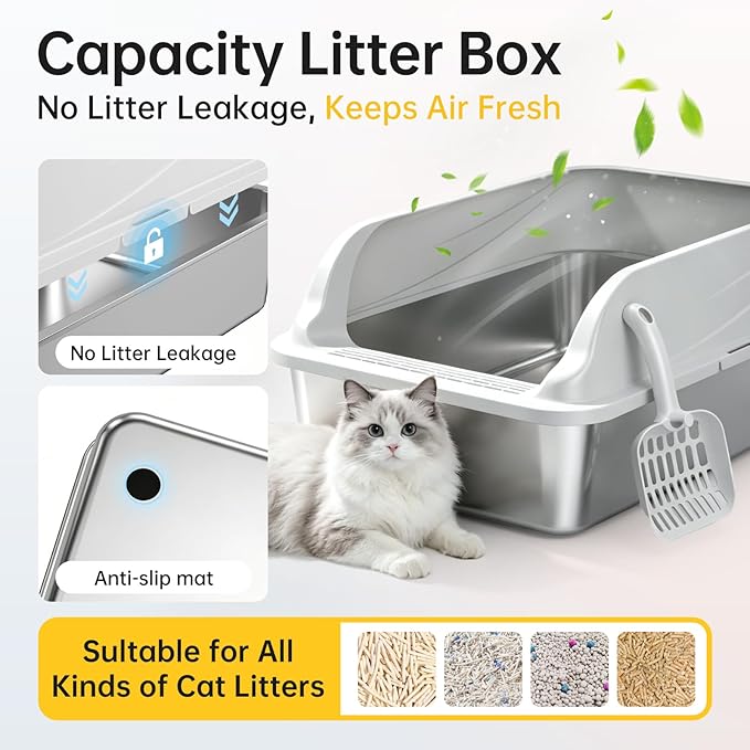 High-Sided Stainless Steel XL Cat Litter Box for Cats | High-sided design prevents urine leakage. Non-stick and easy to clean. Includes scoop.