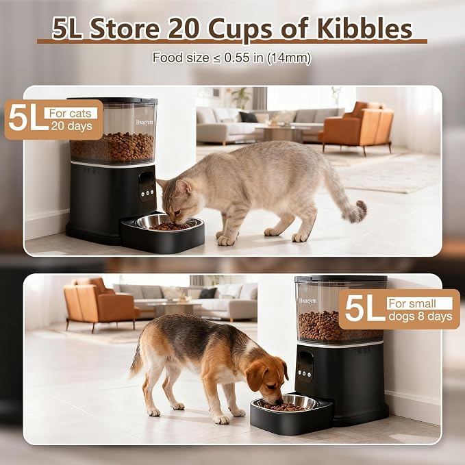 Automatic Cat Feeder, WiFi Cat Feeder Automatic with App Control for Remote Feeding, 5L Anti-Jamming Automatic Feeder Cat Dry Food, Dual Power Supply with Desiccant Bag Indoor