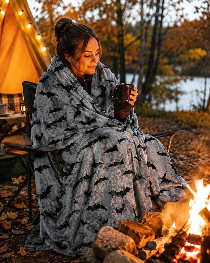 Halloween Fleece Throw Blanket, Black Bats on Gray, 50"x70" Oversized | Ultra-soft cozy flannel fleece, for sofa couch bed chair & dorms, spooky Halloween décor, durable and machine washable.
