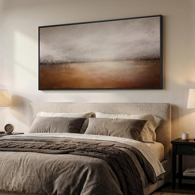 Large Framed Brown Abstract Landscape Wall Art for Living Room, 60x30 In | Neutral pictures, Horizontal canvas prints, Wood frame, Earth tone artwork, Modern wall decor for Bedroom dining room office