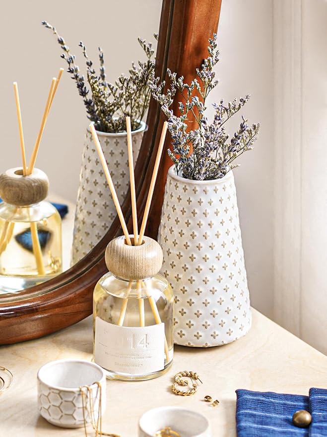 Ceramic Vase for Decor, 6 Inch+7.1 Inch White Flower Vase for Lego Flowers, Tulip and Pampas Grass, Embossed Farmhouse Vases for Centerpieces,Home Living Room Dining Table Office Decor, Arctic White