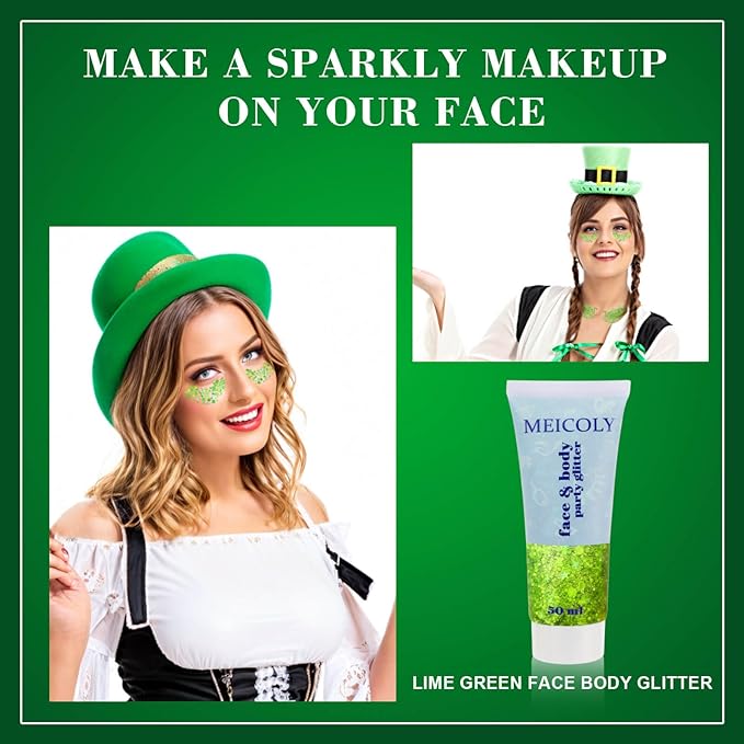 MEICOLY Lime Green Face Body Glitter,Christmas Face Glitter Stocking Stuffers,Light Green Body Glitter,St Patricks Day Accessories,Chunky Glitter Face Paint for Party Festival Halloween