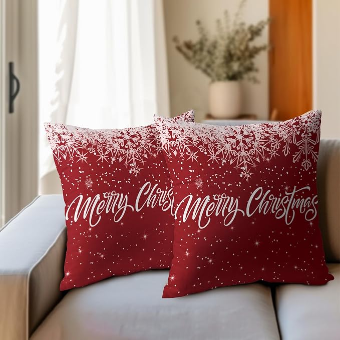 Kawani Merry Christmas Throw Pillow Covers 16 x 16 Inches Set of 2 Xmas Winter Snowflakes Red Farmhouse Cotton Linen Square Decorative Pillowcases Cushion Cover for Sofa Couch Decor