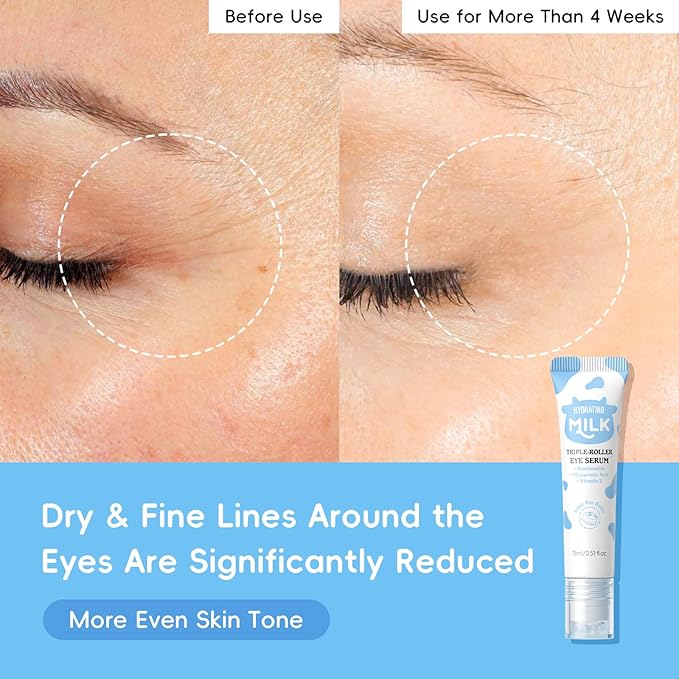 ARAKY Milk Eye Cream for Dark Circles and Puffiness, Hydrating Triple-roller Eye Serum, Improve Skin Elasticity, Intense Moisturizing Dullness, Dryness, Reduce Fine Lines, Skin Care Cream 0.51 oz