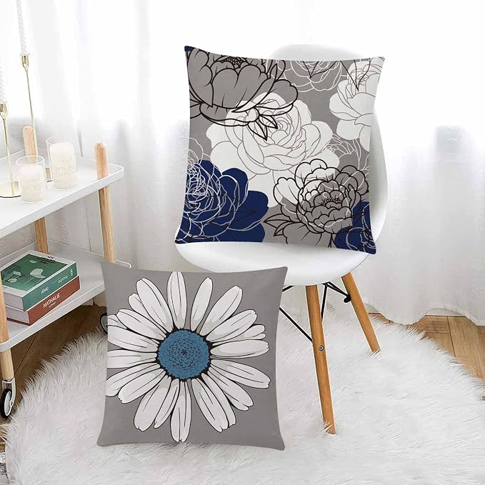 Blue Grey Throw Pillow Covers 20x20 Set of 6, Daisy Floral Home Decor | blue daisy Floral,decorative cushion cover,Breathable Linen,Large Throw Pillow Size,Spring Decor,Couch Sofa Living Room