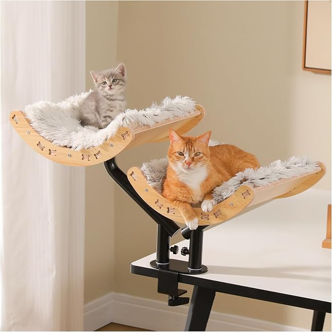 PEQULTI Desk Cat Bed for 2 Cats, 2-Tier 360° Rotating Cat Hammock, Beige | Clamp-on desk-edge perch holds 50 lbs wobble-free; removable washable cushion; bunk bed for 2 cats; no-drill, furniture-safe