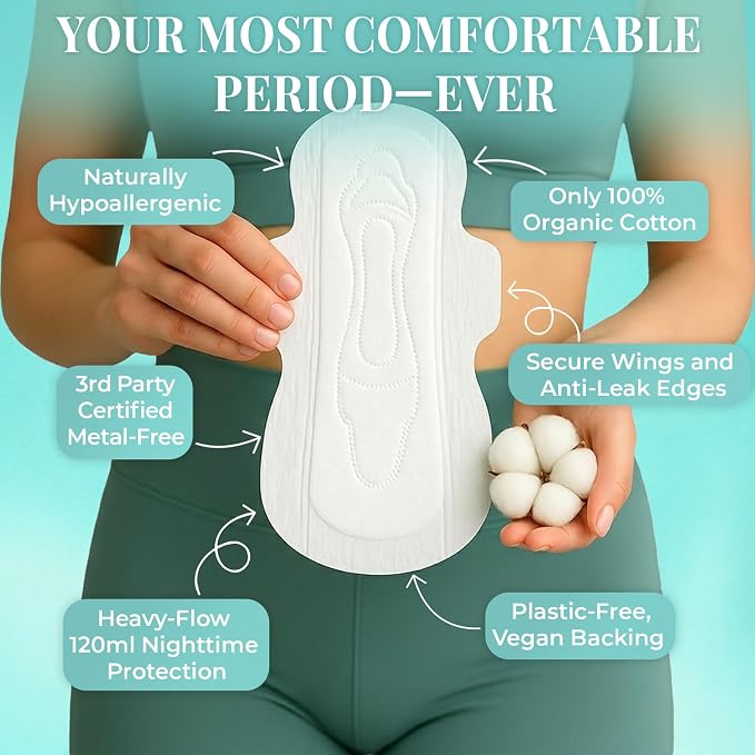 Tampon Tribe Organic Cotton Pads for Women | 36 Night Time Absorbent Period Pads with Wings | 100% Organic Cotton, Hypoallergenic, Metal and Chemical-Free with Anti-Leak Edges | 36 Count - Nighttime