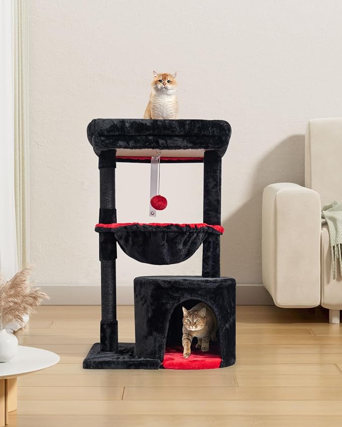 SYANDLVY Gothic Cat Tree with Coffin Bed for Indoor Cats, Modern House | Small Activity Tower with Scratching Post, Condo & Cradle, Kittens Cave, Black & Red