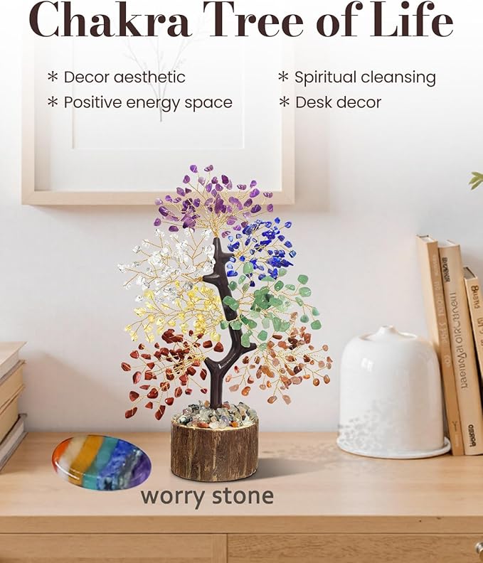 7 Chakra Crystal Tree of Life with Worry Stone (Set 2) - Unique Birthday Gifts for Women, Valentine's Day Gift, Chakra Trees Healing Positive Energy for Home Decor, Office Desk Decor, Gift for Mom