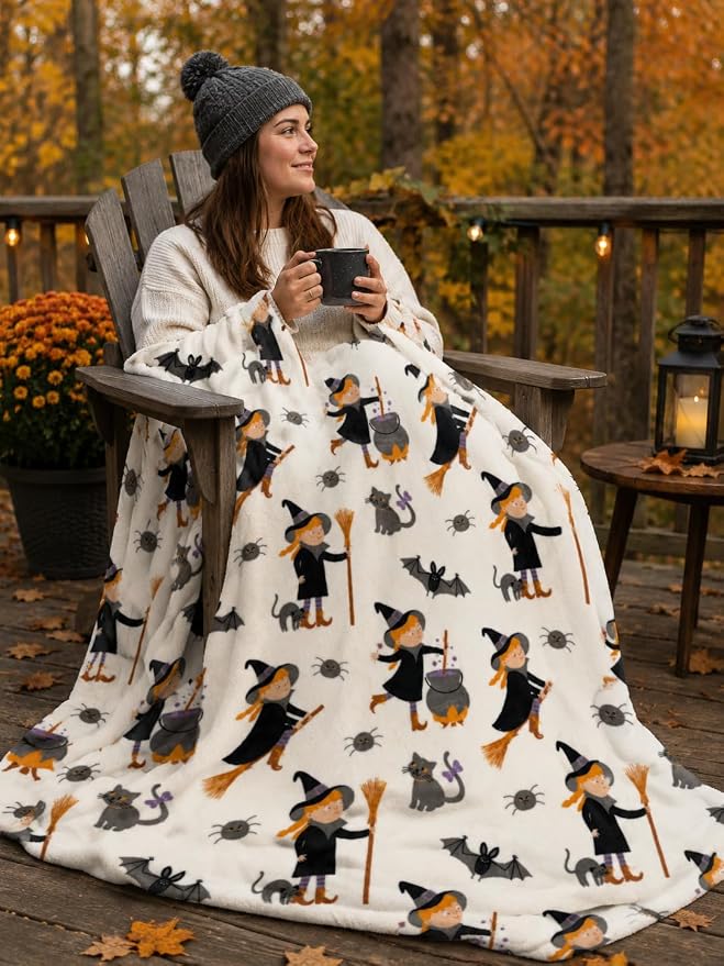 Halloween Ghost Fleece Throw Blanket, Cute Witch Girl, 50x70 oversized | Ultra-soft cozy flannel fleece, for sofa bed couch chair & dorms, spooky Halloween décor, durable and machine washable.