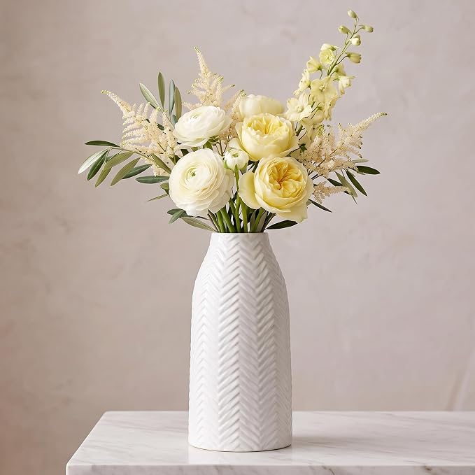 hjn White Vase for Flowers Ceramic Vase for Decor, Modern Decorative Tall Vases for Your Kitchen/Office/Living Room/Bookshelf/Mantel - White Texture(Medium)