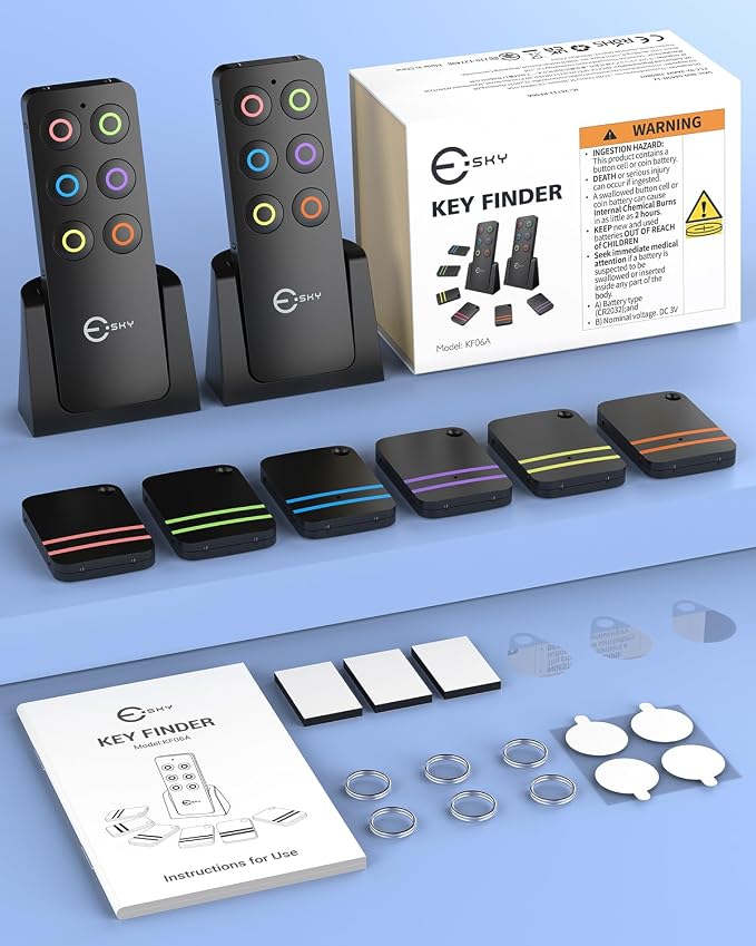Esky 2 Transmitters and 6 Slim Receivers Key Finder with Sound 85dB | Remote Item Finder Locator Wallet Tracker Key Finders Beeper Tags for Finding Wallets Keys,Phone, Glasses, Pet Gifts for Men