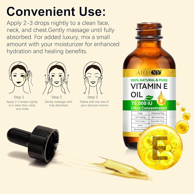 Vitamin E Oil, Pure Vitamin E Oil, Vitamin E Oil Blend 75,000 IU for Plump Skin, Reduce Fine Lines & Scars, Moisturizing Skin, for Skin, Scars, Face & Full Body- 2Fl Oz