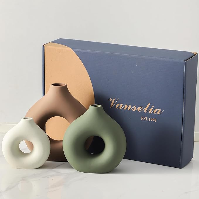 Vanselia Ceramic Vase Home Table Decor - Flower Vases Set of 3 Small Living Room Centerpiece Decorations for Shelf Bedroom Office Kitchen Dining Desk Modern Aesthetic Farmhouse Decorative (Brown)