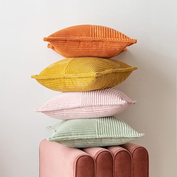 MIULEE Decorative Throw Pillow Covers for Couch 18x18 Inch Pink 2 Pack | Boho Broadside Striped Patchwork Pillow Covers, Soft Corduroy Cushion Cases, For Sofa Bed Livingroom Home Decor