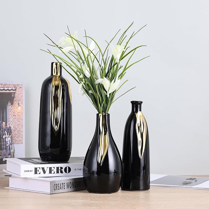 Black and Gold Vase Set of 3, Modern Ceramic Decorative Vases for Living Room, Bedroom, Art Decor, Mantle, Home Event Decor, Office Decorative, Weddings, Rustic & Farmhouse (Black Gold)