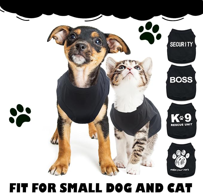 4-Pack Dog Clothes for Small Dogs Boy Male Summer Black Letter Security Puppy Shirts Cute Cool Breathable Clothes for Chihuahua Yorkie Shih Tzu Dachshund Pet Cat Outfit Clothing, Medium