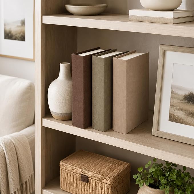 DECOR4SEASON Modern Linen and Wood Decorative Faux Book Boxes Set of 3, 10" | Stackable Storage Boxes for Shelves, Coffee Table, and Office Organization (Earth Tones)