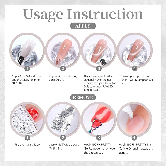 Born Pretty Silver Cat Magnetic Eye Gel Nail Polish 15ML,Jelly Glass Silver Crystal Glitter Shimmer Translucent Magnetic Gel Polish with Magnet,Soak Off U V Gels for Women Girl