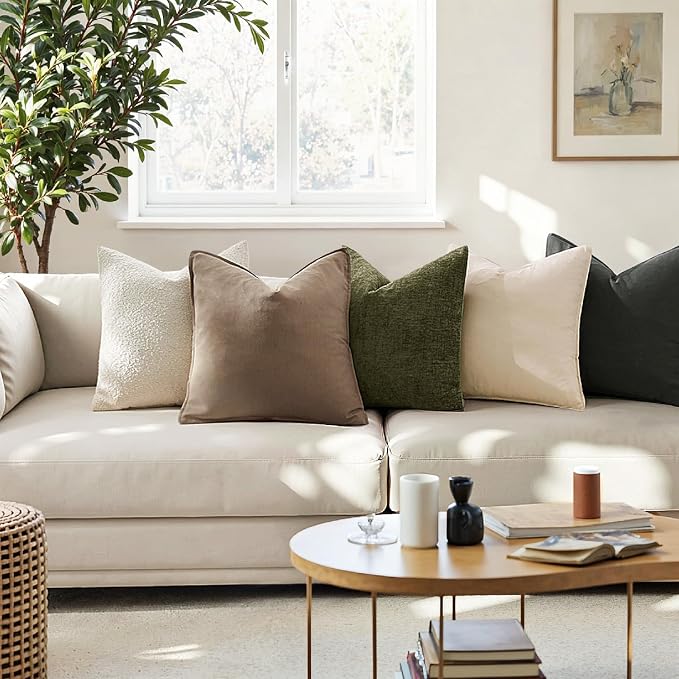 MIULEE Pack of 2 Decorative Linen Pillow Covers 22x22 Inch Coco Brown | Boho Farmhouse Modern, Soft Accent Throw Pillows, Neutral Cushion Covers, Home Decor for Bed Sofa Couch Living Room