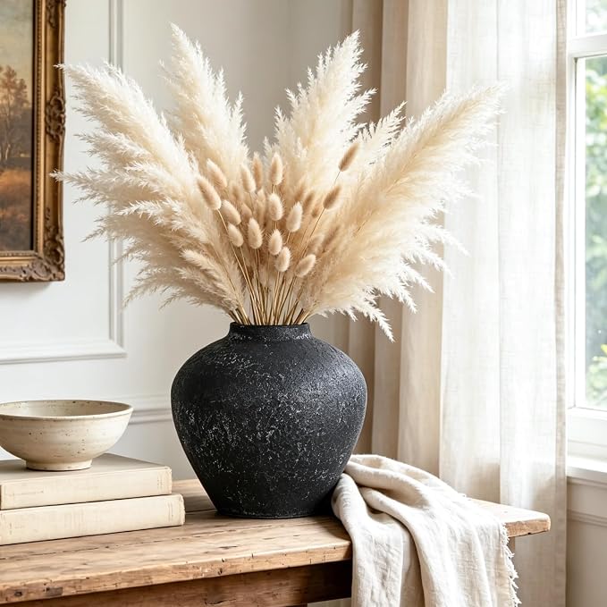 Ceramic Flower Vase Rustic Farmhouse Home Decor | 6.3 Inch Black Round Decorative Vase, Ideal Table Decor for Living Room, Wedding, Birthday Holiday
