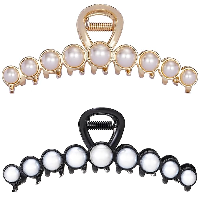 Pearl Hair Claw Clips, Textention Imitation Pearl Claw Jaw Clips for Women Thick Thin Hair Elegant Large Size Metal Clasps Clamps Accessories Headwear Styling Tools for Ladies Party Wedding (2 Pack)