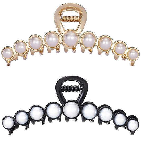 Pearl Hair Claw Clips, Textention Imitation Pearl Claw Jaw Clips for Women Thick Thin Hair Elegant Large Size Metal Clasps Clamps Accessories Headwear Styling Tools for Ladies Party Wedding (2 Pack)