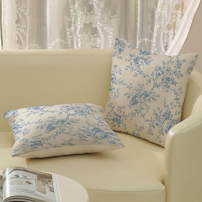 Baby Blue and Cream Flower Pillow Covers 18x18 Set of 2 Chinoiserie Floral Decorative Throw Pillows Vintage Toile Flower Pillowcase Linen Outdoor Farmhouse Cushion Cover for Couch Sofa Decor