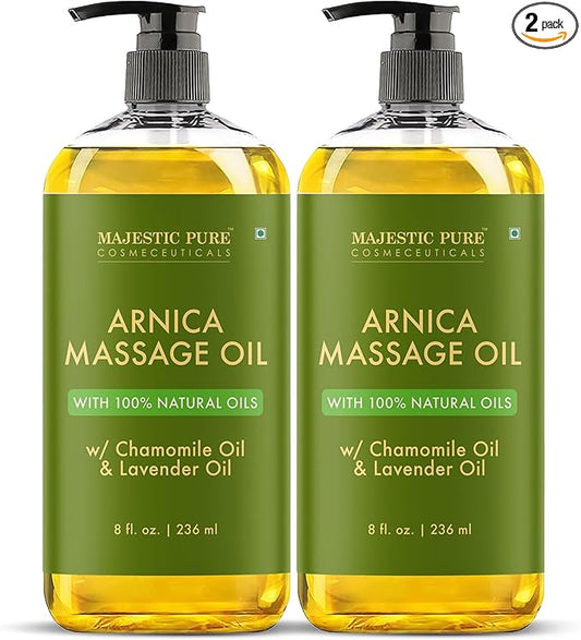 MAJESTIC PURE Arnica Sore Muscle Massage Oil for Massage Therapy-Refreshing & Relaxing-Natural Oils Lavender & Chamomile Essential Oils-All Skin Types- Men & Women Massage Lotion- 8 fl oz (Pack of 2)