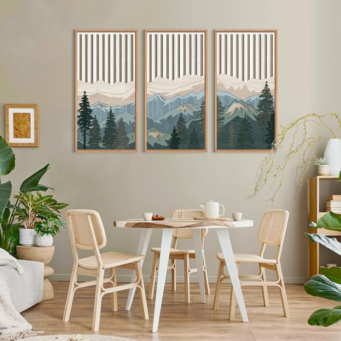 IARTTOP Large Mountain Wood Wall Art Framed Decor Set of 3, Modern Mountain Landscape Wall Art Nature Artwork Wall Decor for Bedroom, Living Room, Office-16 x32