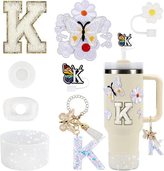15PCS Cup Accessories Set for Stanley Cup 30oz 40oz Tumbler with Handle, Including Silicone Straw Cover and Boot, Spill Proof Stopper, Stanley Charms, Handle Charm, Initials Sticker