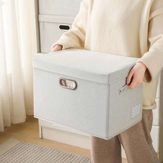 Large Collapsible Storage Containers with Lids [5-Pack] Fabric Foldable Storage Bins Boxes Organizer Baskets Cube with Cover for Home Bedroom Closet Office Beige(17.3x11.8x11.8)