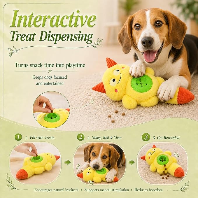 Cute Monster Plush Dog Chew Toy – Squeaky Ball, Crinkle Paper & Treat Dispenser, Washable Interactive Stuffed Toy for All Breeds, Relieves Boredom & Anxiety(Yellow)